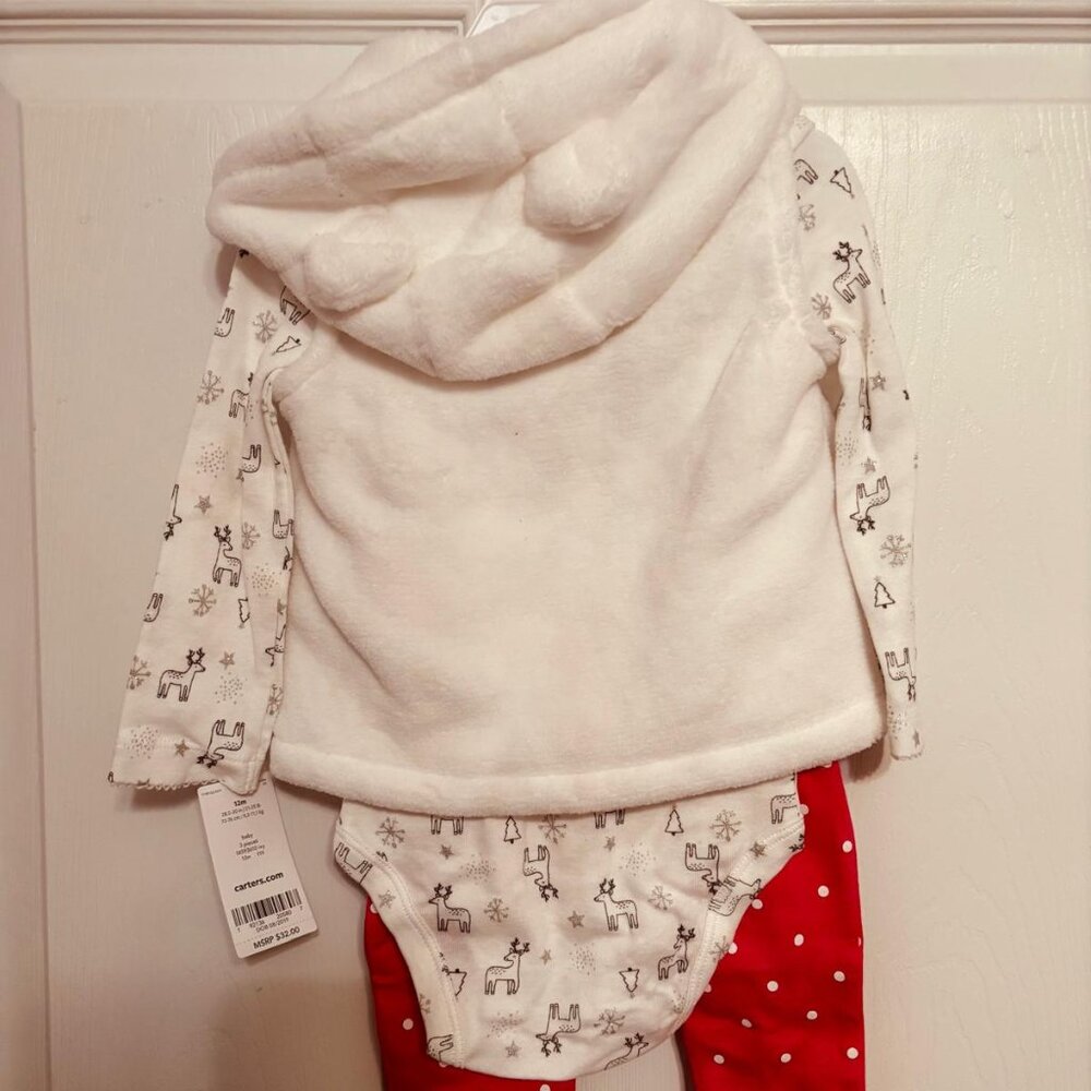 Carter’s Baby Girl 3-Piece Fleece Vest Outfit Red Polka Dot 12M - Picture 3 of 8